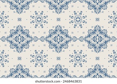 Drawing of Damascus on the wallpaper. Vintage bohemian design. Boho print in retro style. Beautiful snowflakes. Seamless openwork lace pattern for embroidery. Vintage bohemian design. Damask stencil.