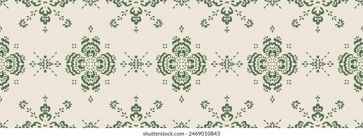 Drawing of Damascus on the wallpaper. Vintage bohemian design. Boho print in retro style. Beautiful snowflakes. Seamless openwork lace pattern for embroidery. Vintage bohemian design. Damask stencil.