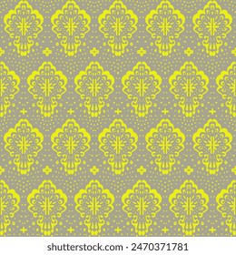 Drawing of Damascus on the wallpaper. Vintage bohemian design. Boho print in retro style. Beautiful seashell. Seamless openwork lace pattern for embroidery. Vintage bohemian design. Damask stencil.