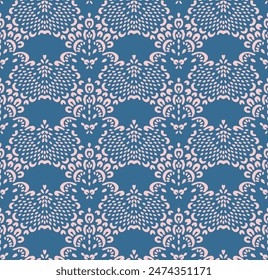 Drawing of Damascus on the wallpaper. Vintage bohemian design. Boho print in retro style. Beautiful seashell. Seamless openwork lace pattern for embroidery. Vintage bohemian design. Damask stencil.