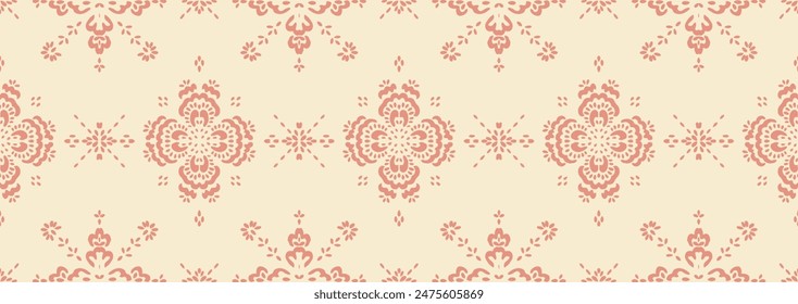 Drawing of Damascus on the wallpaper. Vintage bohemian design. Boho print in retro style. Beautiful snowflakes. Seamless openwork lace pattern for embroidery. Vintage bohemian design. Damask stencil.