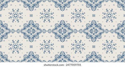 Drawing of Damascus on the wallpaper. Vintage bohemian design. Boho print in retro style. Beautiful snowflakes. Seamless openwork lace pattern for embroidery. Vintage bohemian design. Damask stencil.