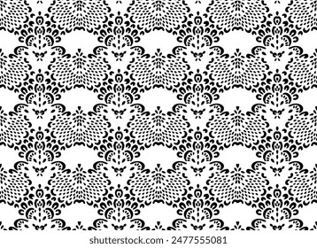 Drawing of Damascus on the wallpaper. Vintage bohemian design. Boho print in retro style. Beautiful seashell. Seamless openwork lace pattern for embroidery. Vintage bohemian design. Damask stencil.