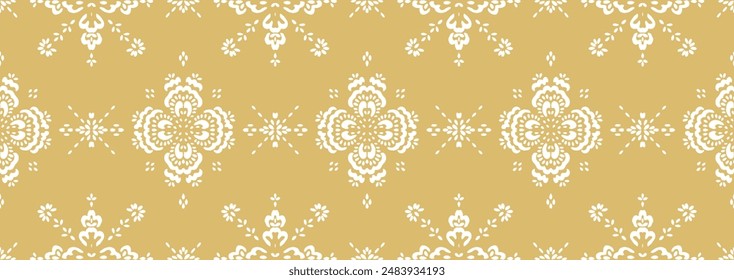 Drawing of Damascus on the wallpaper. Vintage bohemian design. Boho print in retro style. Beautiful snowflakes. Seamless openwork lace pattern for embroidery. Vintage bohemian design. Damask stencil.