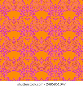 Drawing of Damascus on the wallpaper. Vintage bohemian design. Boho print in retro style. Beautiful seashell. Seamless openwork lace pattern for embroidery. Vintage bohemian design. Damask stencil.