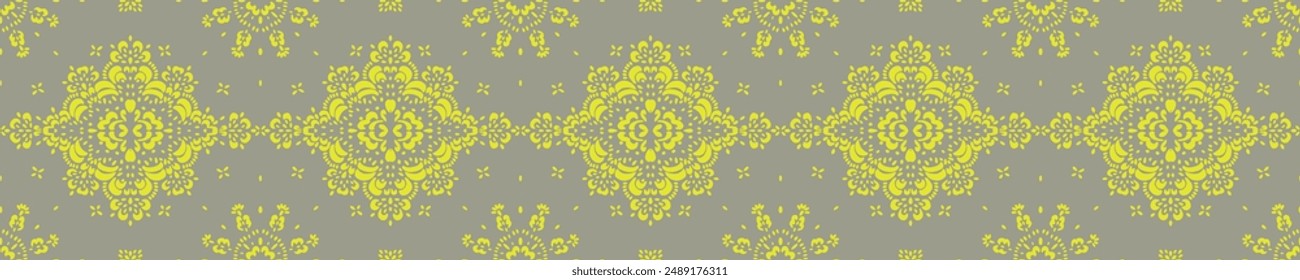 Drawing of Damascus on the wallpaper. Vintage bohemian design. Boho print in retro style. Beautiful snowflakes. Seamless openwork lace pattern for embroidery. Vintage bohemian design. Damask stencil.