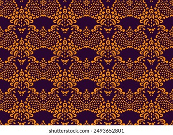 Drawing of Damascus on the wallpaper. Vintage bohemian design. Boho print in retro style. Beautiful seashell. Seamless openwork lace pattern for embroidery. Vintage bohemian design. Damask stencil.
