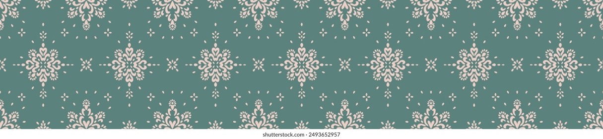 Drawing of Damascus on the wallpaper. Vintage bohemian design. Boho print in retro style. Beautiful snowflakes. Seamless openwork lace pattern for embroidery. Vintage bohemian design. Damask stencil.