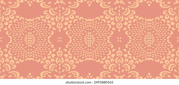 Drawing of Damascus on the wallpaper. Vintage bohemian design. Boho print in retro style. Beautiful snowflakes. Seamless openwork lace pattern for embroidery. Vintage bohemian design. Damask stencil.