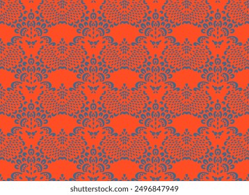 Drawing of Damascus on the wallpaper. Vintage bohemian design. Boho print in retro style. Beautiful seashell. Seamless openwork lace pattern for embroidery. Vintage bohemian design. Damask stencil.