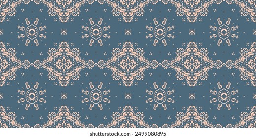 Drawing of Damascus on the wallpaper. Vintage bohemian design. Boho print in retro style. Beautiful snowflakes. Seamless openwork lace pattern for embroidery. Vintage bohemian design. Damask stencil.