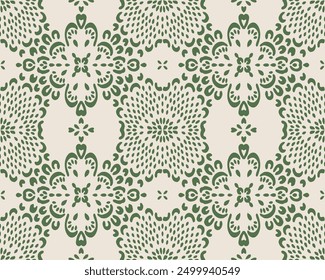 Drawing of Damascus on the wallpaper. Vintage bohemian design. Boho print in retro style. Beautiful snowflakes. Seamless openwork lace pattern for embroidery. Vintage bohemian design. Damask stencil.
