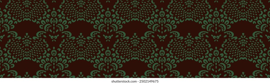 Drawing of Damascus on the wallpaper. Vintage bohemian design. Boho print in retro style. Beautiful seashell. Seamless openwork lace pattern for embroidery. Vintage bohemian design. Damask stencil.