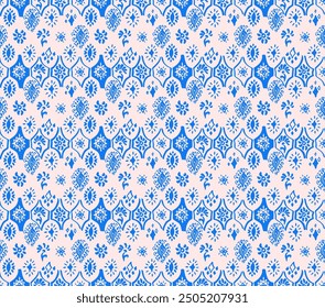 Drawing of Damascus on the wallpaper. Vintage bohemian design. Boho print in retro style. A small drawing with flowers and diamonds. Mosaic, majolica. Seamless openwork lace pattern for embroidery.
