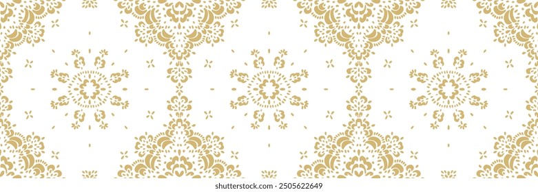 Drawing of Damascus on the wallpaper. Vintage bohemian design. Boho print in retro style. Beautiful snowflakes. Seamless openwork lace pattern for embroidery. Vintage bohemian design. Damask stencil.