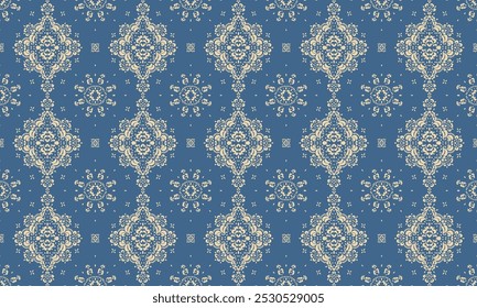 Drawing of Damascus on the wallpaper. Vintage bohemian design. Boho print in retro style. Beautiful snowflakes. Seamless openwork lace pattern for embroidery. Vintage bohemian design. Damask stencil.