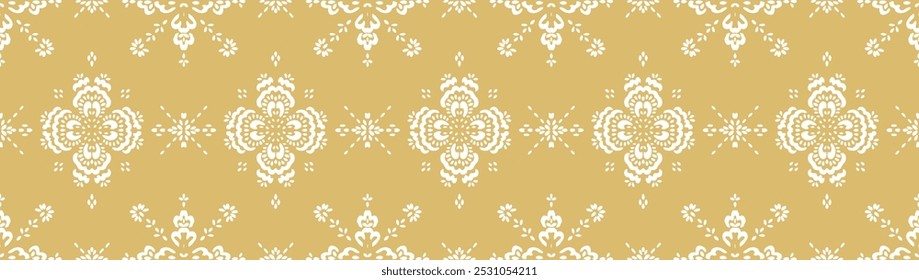 Drawing of Damascus on the wallpaper. Vintage bohemian design. Boho print in retro style. Beautiful snowflakes. Seamless openwork lace pattern for embroidery. Vintage bohemian design. Damask stencil.