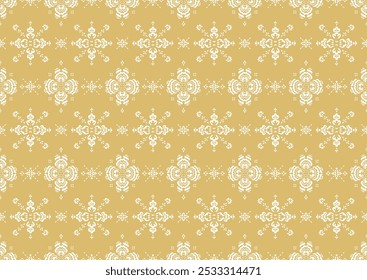 Drawing of Damascus on the wallpaper. Vintage bohemian design. Boho print in retro style. Beautiful snowflakes. Seamless openwork lace pattern for embroidery. Vintage bohemian design. Damask stencil.