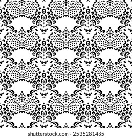 Drawing of Damascus on the wallpaper. Vintage bohemian design. Boho print in retro style. Beautiful seashell. Seamless openwork lace pattern for embroidery. Vintage bohemian design. Damask stencil.