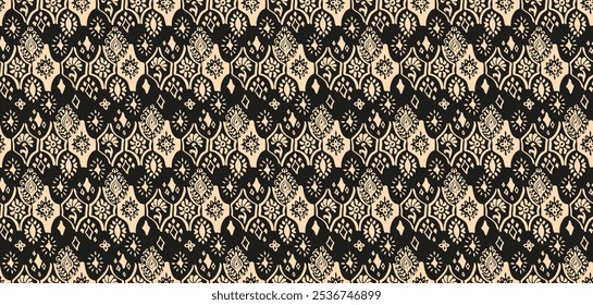 Drawing of Damascus on the wallpaper. Vintage bohemian design. Boho print in retro style. A small drawing with flowers and diamonds. Mosaic, majolica. Seamless openwork lace pattern for embroidery.