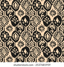 Drawing of Damascus on the wallpaper. Vintage bohemian design. Boho print in retro style. A small drawing with flowers and diamonds. Mosaic, majolica. Seamless openwork lace pattern for embroidery.