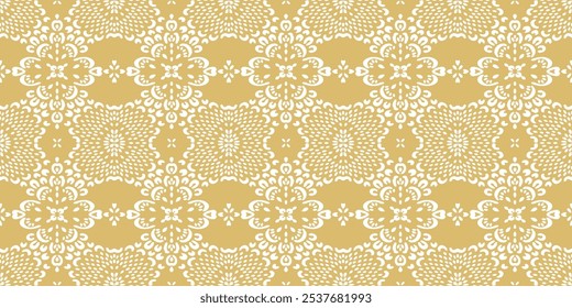 Drawing of Damascus on the wallpaper. Vintage bohemian design. Boho print in retro style. Beautiful snowflakes. Seamless openwork lace pattern for embroidery. Vintage bohemian design. Damask stencil.