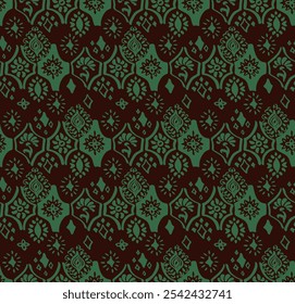Drawing of Damascus on the wallpaper. Vintage bohemian design. Boho print in retro style. A small drawing with flowers and diamonds. Mosaic, majolica. Seamless openwork lace pattern for embroidery.