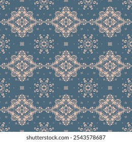 Drawing of Damascus on the wallpaper. Vintage bohemian design. Boho print in retro style. Beautiful snowflakes. Seamless openwork lace pattern for embroidery. Vintage bohemian design. Damask stencil.