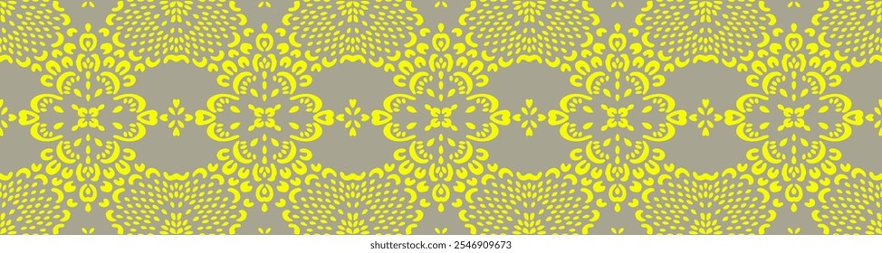 Drawing of Damascus on the wallpaper. Vintage bohemian design. Boho print in retro style. Beautiful snowflakes. Seamless openwork lace pattern for embroidery. Vintage bohemian design. Damask stencil.