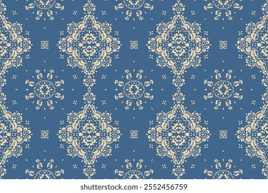 Drawing of Damascus on the wallpaper. Vintage bohemian design. Boho print in retro style. Beautiful snowflakes. Seamless openwork lace pattern for embroidery. Vintage bohemian design. Damask stencil.