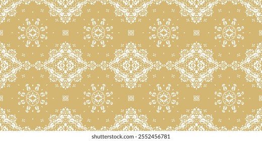 Drawing of Damascus on the wallpaper. Vintage bohemian design. Boho print in retro style. Beautiful snowflakes. Seamless openwork lace pattern for embroidery. Vintage bohemian design. Damask stencil.