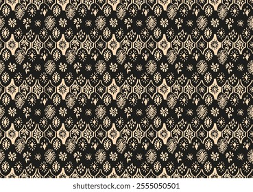 Drawing of Damascus on the wallpaper. Vintage bohemian design. Boho print in retro style. A small drawing with flowers and diamonds. Mosaic, majolica. Seamless openwork lace pattern for embroidery.