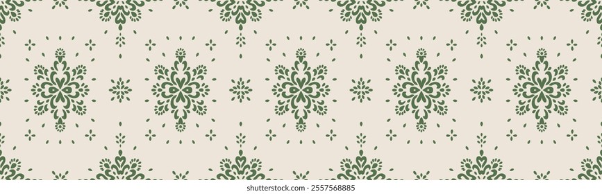 Drawing of Damascus on the wallpaper. Vintage bohemian design. Boho print in retro style. Beautiful snowflakes. Seamless openwork lace pattern for embroidery. Vintage bohemian design. Damask stencil.