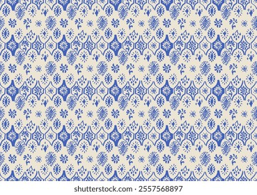 Drawing of Damascus on the wallpaper. Vintage bohemian design. Boho print in retro style. A small drawing with flowers and diamonds. Mosaic, majolica. Seamless openwork lace pattern for embroidery.