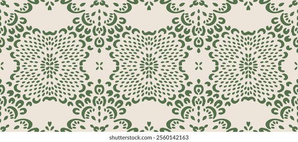 Drawing of Damascus on the wallpaper. Vintage bohemian design. Boho print in retro style. Beautiful snowflakes. Seamless openwork lace pattern for embroidery. Vintage bohemian design. Damask stencil.