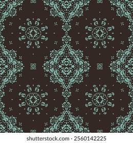 Drawing of Damascus on the wallpaper. Vintage bohemian design. Boho print in retro style. Beautiful snowflakes. Seamless openwork lace pattern for embroidery. Vintage bohemian design. Damask stencil.