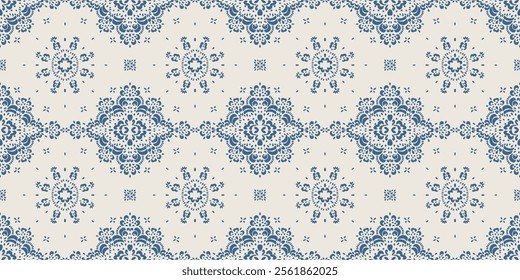 Drawing of Damascus on the wallpaper. Vintage bohemian design. Boho print in retro style. Beautiful snowflakes. Seamless openwork lace pattern for embroidery. Vintage bohemian design. Damask stencil.