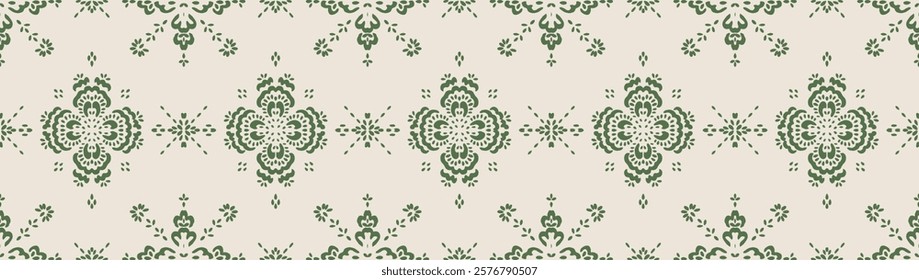 Drawing of Damascus on the wallpaper. Vintage bohemian design. Boho print in retro style. Beautiful snowflakes. Seamless openwork lace pattern for embroidery. Vintage bohemian design. Damask stencil.