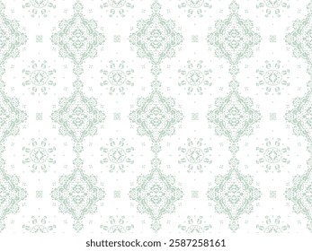 Drawing of Damascus on the wallpaper. Vintage bohemian design. Boho print in retro style. Beautiful snowflakes. Seamless openwork lace pattern for embroidery. Vintage bohemian design. Damask stencil.