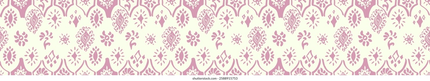 Drawing of Damascus on the wallpaper. Vintage bohemian design. Boho print in retro style. A small drawing with flowers and diamonds. Mosaic, majolica. Seamless openwork lace pattern for embroidery.