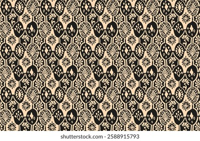 Drawing of Damascus on the wallpaper. Vintage bohemian design. Boho print in retro style. A small drawing with flowers and diamonds. Mosaic, majolica. Seamless openwork lace pattern for embroidery.