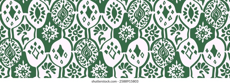 Drawing of Damascus on the wallpaper. Vintage bohemian design. Boho print in retro style. A small drawing with flowers and diamonds. Mosaic, majolica. Seamless openwork lace pattern for embroidery.