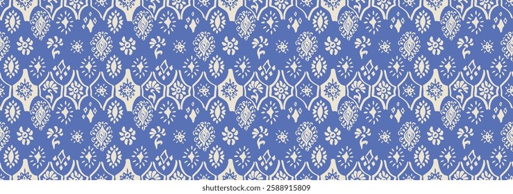 Drawing of Damascus on the wallpaper. Vintage bohemian design. Boho print in retro style. A small drawing with flowers and diamonds. Mosaic, majolica. Seamless openwork lace pattern for embroidery.