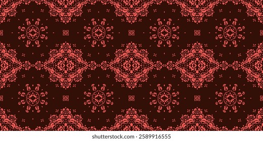 Drawing of Damascus on the wallpaper. Vintage bohemian design. Boho print in retro style. Beautiful snowflakes. Seamless openwork lace pattern for embroidery. Vintage bohemian design. Damask stencil.