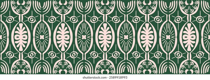 Drawing of Damascus on the wallpaper. Vintage bohemian design. Boho print in retro style. A small drawing with flowers and diamonds. Mosaic, majolica. Seamless openwork lace pattern for embroidery.