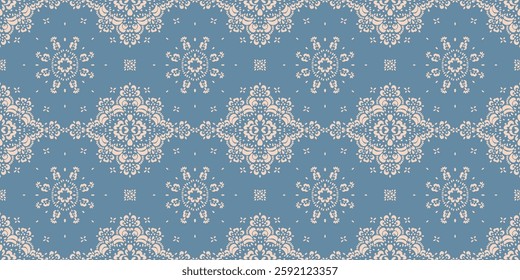 Drawing of Damascus on the wallpaper. Vintage bohemian design. Boho print in retro style. Beautiful snowflakes. Seamless openwork lace pattern for embroidery. Vintage bohemian design. Damask stencil.