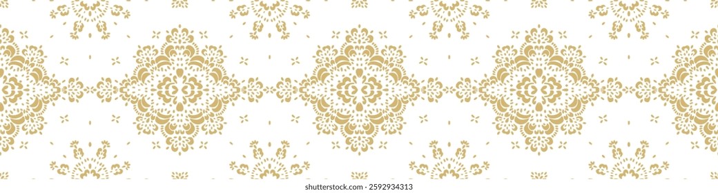 Drawing of Damascus on the wallpaper. Vintage bohemian design. Boho print in retro style. Beautiful snowflakes. Seamless openwork lace pattern for embroidery. Vintage bohemian design. Damask stencil.