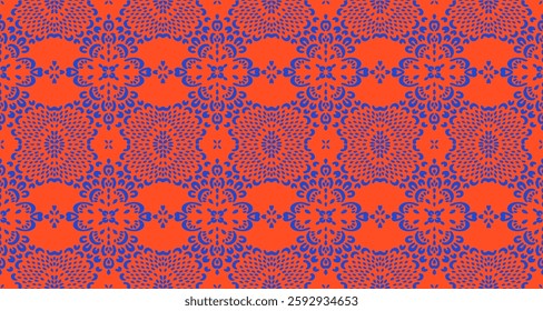 Drawing of Damascus on the wallpaper. Vintage bohemian design. Boho print in retro style. Beautiful snowflakes. Seamless openwork lace pattern for embroidery. Vintage bohemian design. Damask stencil.
