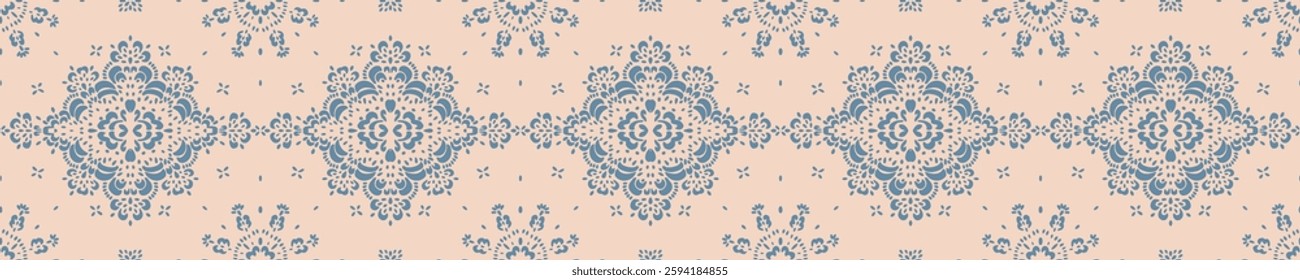 Drawing of Damascus on the wallpaper. Vintage bohemian design. Boho print in retro style. Beautiful snowflakes. Seamless openwork lace pattern for embroidery. Vintage bohemian design. Damask stencil.