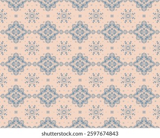 Drawing of Damascus on the wallpaper. Vintage bohemian design. Boho print in retro style. Beautiful snowflakes. Seamless openwork lace pattern for embroidery. Vintage bohemian design. Damask stencil.